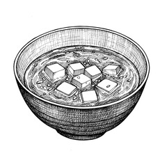 Bowl of soup with tofu cubes in simple line art style  