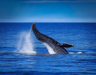 Obraz premium Majestic Humpback Whale Breaching the Ocean Surface on a Bright, Sunny Day: A Stunning Display of Marine Life