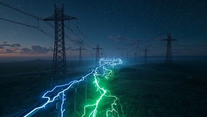 Powerful electricity surges through power lines at night, illuminating the landscape with a captivating display of energy and innovation, a green energy source.