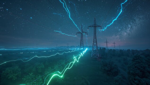 Stunning nightscape of electric power lines glowing with energy under a mesmerizing starry sky, illustrating power and technology innovation