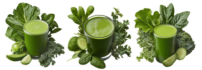 Fresh green smoothie in glass surrounded by lettuce, cucumber, spinach, and apple, isolated on white background