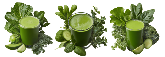 Fresh green smoothie in glass surrounded by lettuce, cucumber, spinach, and apple, isolated on white background