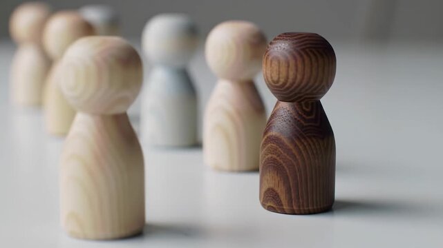 A selective focus close up shot of a dark brown wooden peg doll among light wooden peg dolls on a white surface. The scene emphasizes the concept of standing out and being unique.