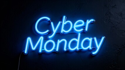Neon sign displaying Cyber Monday in blue on dark background