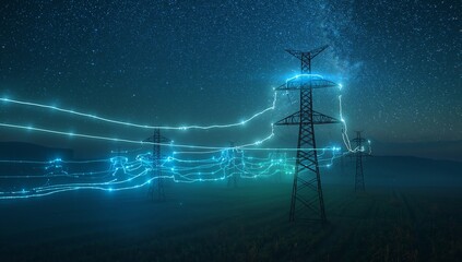 Dynamic electricity transmission towers glowing under a stunning starry night sky, symbolizing energy, infrastructure and technology innovation