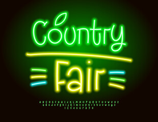 Vector Glowing poster Country Fair. Green Electric Font. Funny Neon Alphabet Letters and Numbers set.