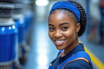 Capturing the image of a cleaning lady, radiating confidence and experience in her field. The scene exudes an aura of diligence and skill in a modern, active work setting.
