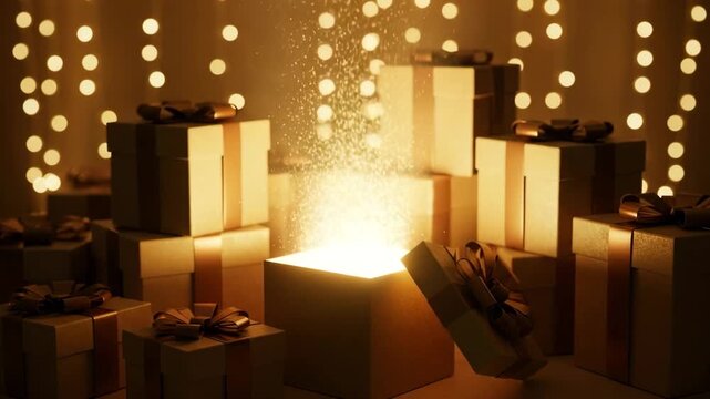 Gift boxes glowing with magical light on festive background  