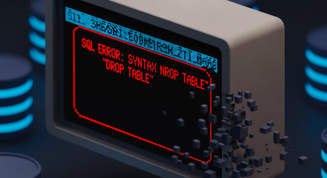 A visual representation of an error message displayed on a retro computer screen surrounded by server racks, suggesting a database or software failure. - Powered by Adobe