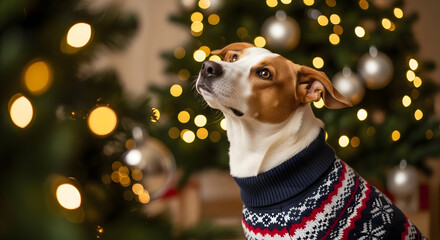 Dog wearing a sweater sitting by Christmas tree with decorations  