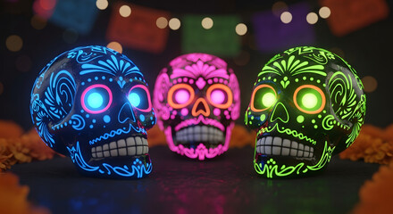 Colorful decorative skulls on display for Dia de los Muertos celebration  