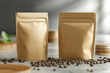 Coffee Bean Packaging: An eye-level shot captures two sealed coffee bean packages. Coffee beans are scattered, creating a scene of warmth and taste appeal. 