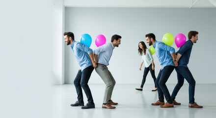 Caucasian adults team building activity with balloons in bright room