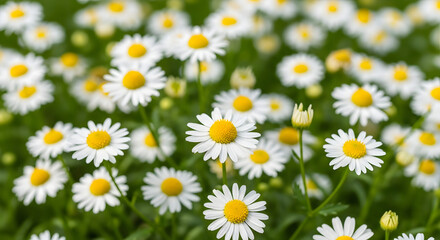 Close up macro view of a field of delicate white daisies with bright yellow centers blooming in lush green grass