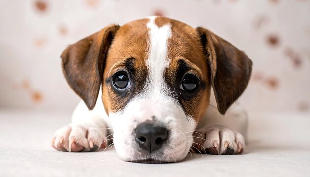 Adorable puppy with soulful eyes resting peacefully indoors.