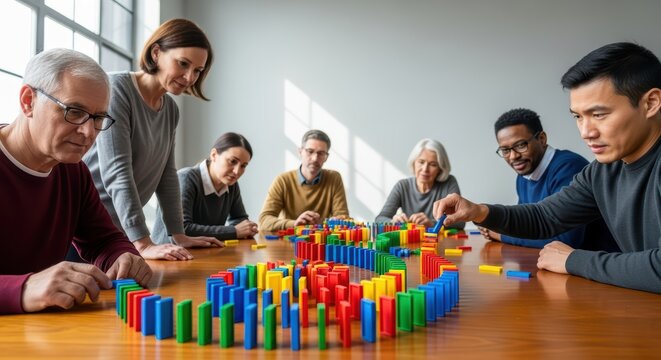 Group of diverse adults engaging in collaborative domino activity