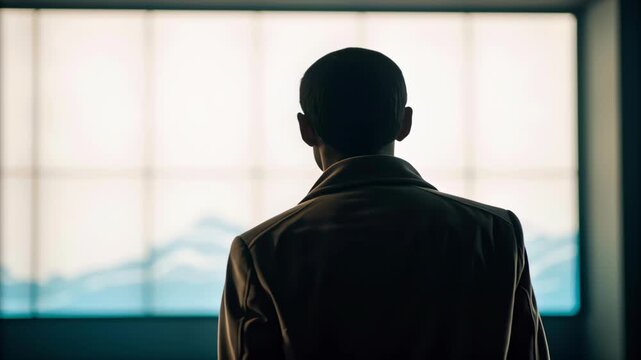 Silhouette back view coat window interior man portrait backlit shadow silhouette of man standing front of large window overlooking soft light and blurred landscape contemplative mood cinematic