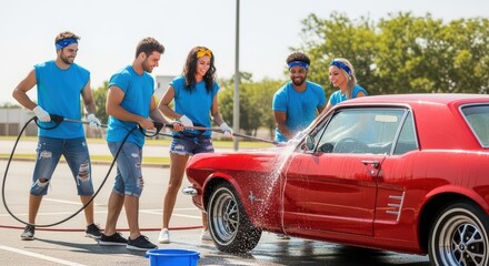 Group of young caucasian adults washing classic red car outdoors