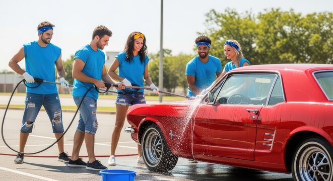 Group of young caucasian adults washing classic red car outdoors
