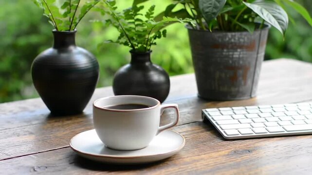 A white ceramic cup of coffee sits on a rustic wooden desk alongside a white computer keyboard, two dark vase and a plant in galvanized steel bucket against a blurred green backdrop. 