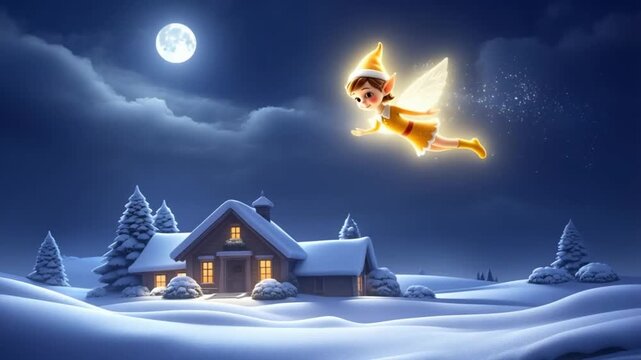 A magical elf watches over a peaceful home on Christmas Eve. Ideal for fantasy, children's content, and holiday storytelling.