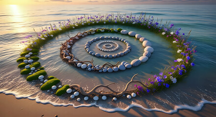Spiral formation of stones, wood, moss and flowers on a beach with ocean waves at golden hour light