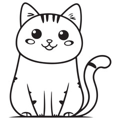 Cute Kawaii Style Sitting Cat Outline Drawing Illustration on White