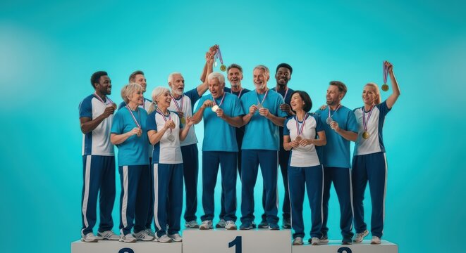 Diverse group of elderly athletes celebrating victory on podium