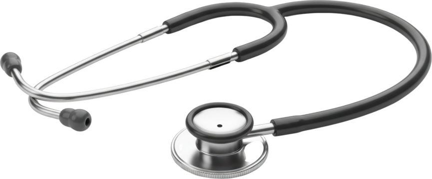 A black and silver dual head stethoscope with grey eartips and metallic tubing rests on a transparent background showcasing its medical diagnostic components healthcare doctor nurse