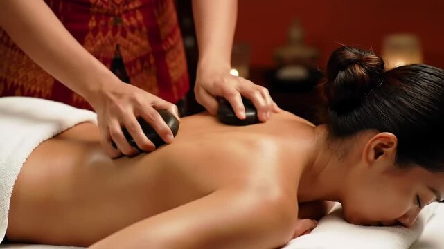 A woman lies on her stomach and getting a hot stone back massage in a dimly lit spa center. The masseuse places black stones on her back for relaxation.