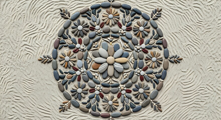 Close up of a floral mandala made of stones on a textured background creating a decorative design