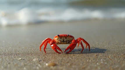 Bright red crab on sandy beach with ocean waves in background