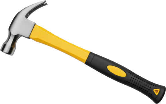 A claw hammer with a shiny metal head and a yellow and black grip handle is isolated on a transparent background Its detailed texture and robust design are clearly visible showcasing professional - Powered by Adobe