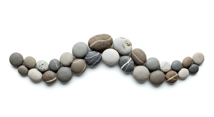 Arrangement of round stones in a wave pattern on a white background studio shot top down view flat lay
