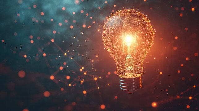Illuminated lightbulb, digital network background, creative idea concept, stock photo