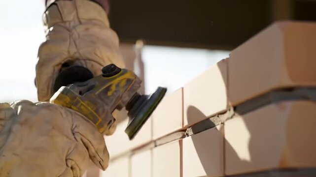 A construction worker expertly smooths a brick wall with a power grinder, their hands clad in protective white gloves under bright sunlight showcasing meticulous bricklaying. 