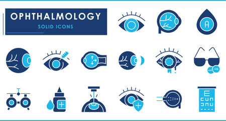 A set of Flat icons related to Ophthalmology. Eye, care, laser, treatment, vision, optics, retina, cornea, contact lens, glaucoma, ophthalmoscope, anatomy, and so on.