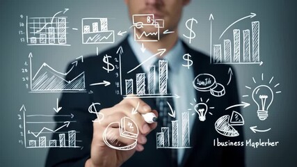 Young entrepreneur in a dark business suit drawing a data analysis on a transparent screen, featuring a light bulb, pie chart and dollar signs on a grayish background. - Powered by Adobe