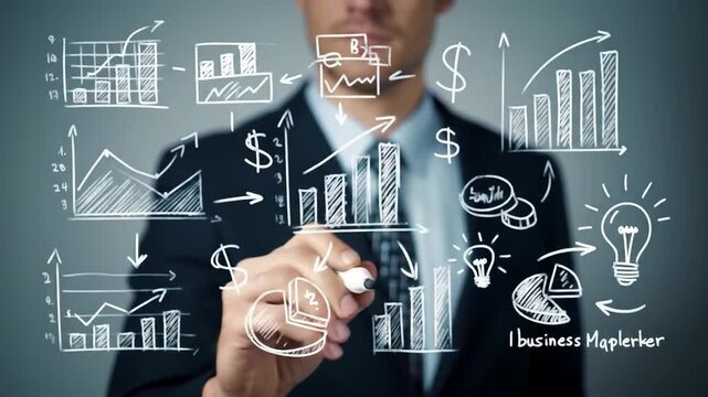 Young entrepreneur in a dark business suit drawing a data analysis on a transparent screen, featuring a light bulb, pie chart and dollar signs on a grayish background.
