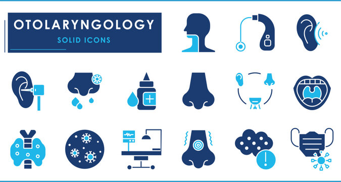 A set of flat icons related to Otolaryngology. Nose, ear, throat, hearing, sinuses, tonsils, infection, tinnitus, larynx, and so on.