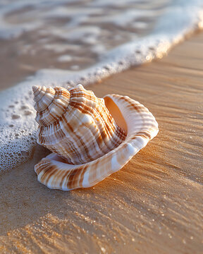 Large seashell washed ashore by gentle ocean waves on a sandy beach