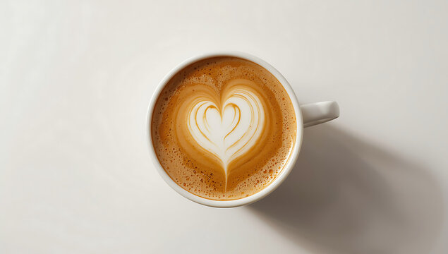 cup of latte coffee with intricate heart art design viewed from above symbolizing warmth love café culture artisan barista craftsmanship and comfort