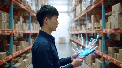 Young man in dark blue shirt using a digital tablet with light blue visual effects in a warehouse with metal shelves full of cardboard boxes in soft focus. - Powered by Adobe