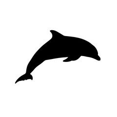 A simple black silhouette of a dolphin leaping out of the water suitable for marine theme advertising and branding.