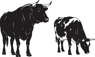 Black silhouette vector of bull and cow showing grazing posture, horns, farm animal shapes for livestock and agriculture design