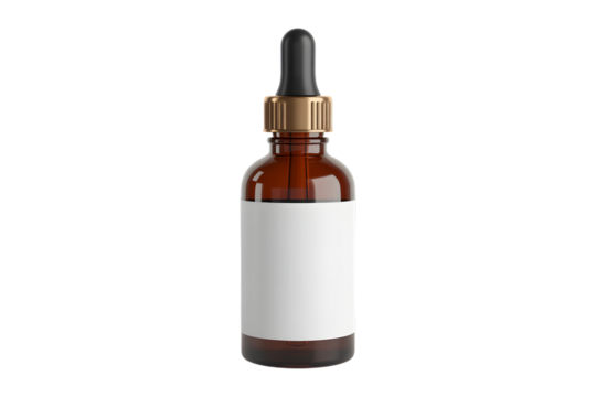 Amber glass dropper bottle with blank label isolated on transparent background - Powered by Adobe