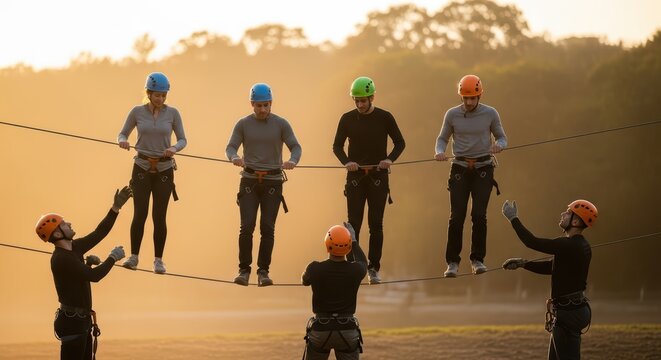 Team of young adults engaged in outdoor ropes course adventure at sunset