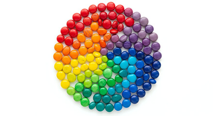Circular arrangement of colorful candies in rainbow order on a white background studio shot