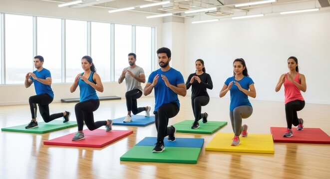 Diverse group of young adults practicing lunges in a fitness class
