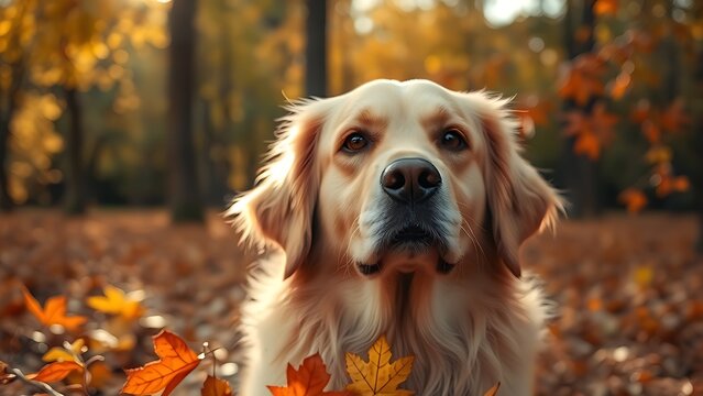 Golden Retriever portrait in autumn leaves with soft sunlight
